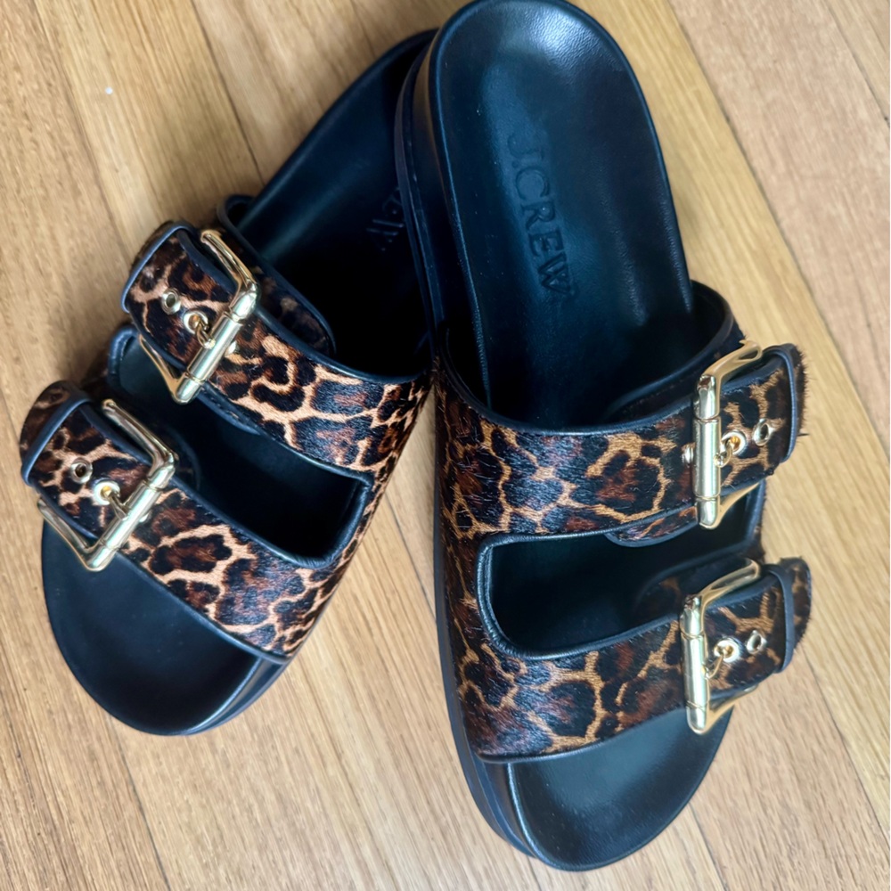 J. Crew New Colbie Wide Strap Gold Buckle Sandals in leopard print calf hair